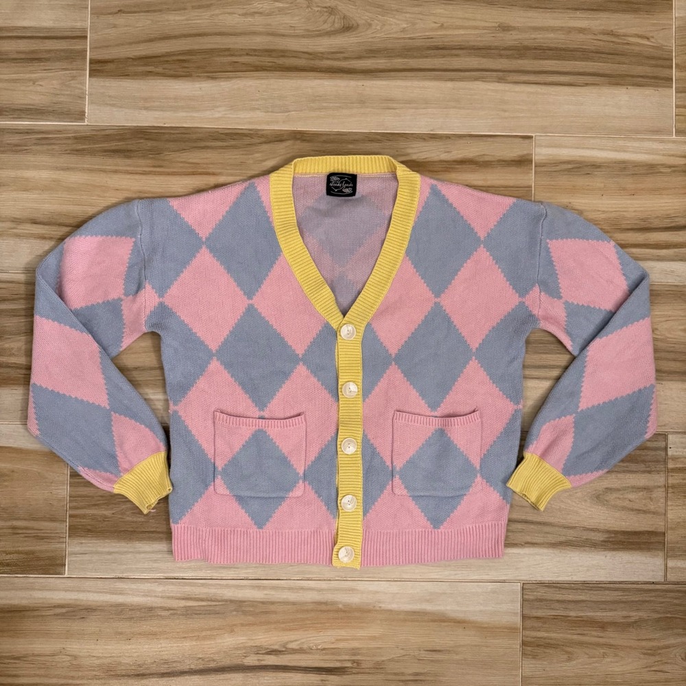 Steady Hands Argyle Cardigan Sweater Pastel Pink Blue Yellow Womens ML